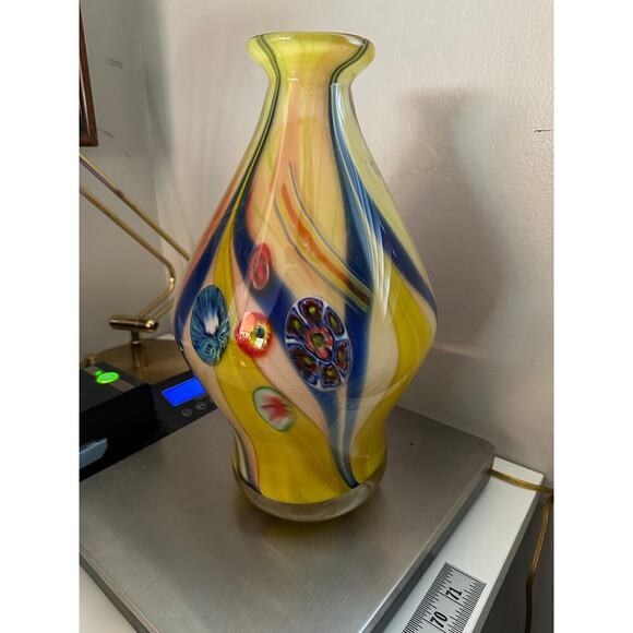 Vintage Murano Hand Blown Yellow Glass Vase Large Millefiori Art Glass - Picture 12 of 13